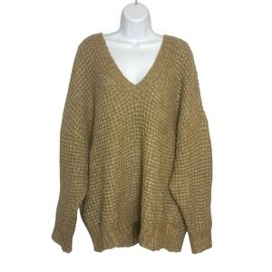 American‎ Eagle Womens Large Boxy Oversized V Neck Chunky Knit Sweater Tan Brown
